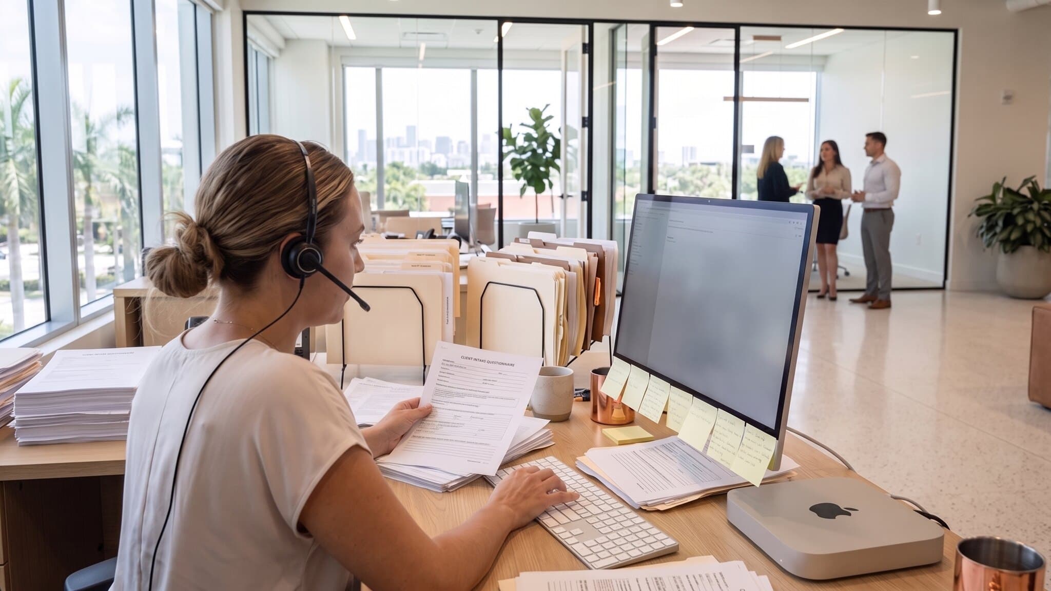 Paralegal on a headset re-keying a client intake form beside stacks of matter folders, ai agent for law firm intake, Aceleron Intelligence