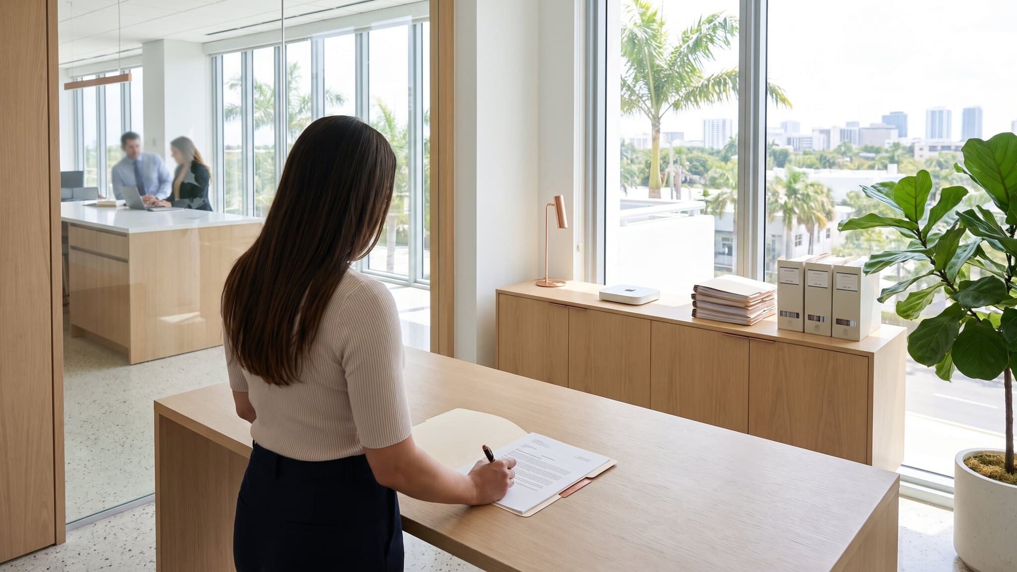 Partner signing off a single prepared matter file on a clear desk, ai agent for law firm intake, Aceleron Intelligence