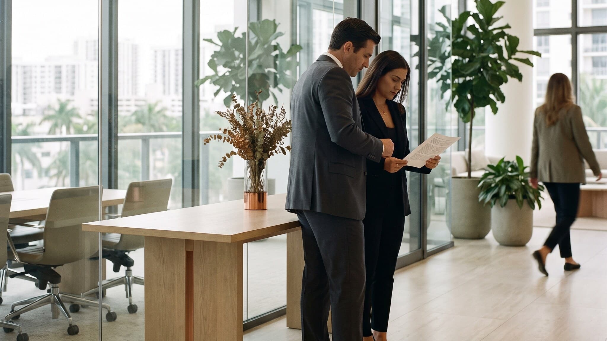 Two colleagues reviewing a single printed document together in a bright modern firm, human at the helm ai, Aceleron Intelligence
