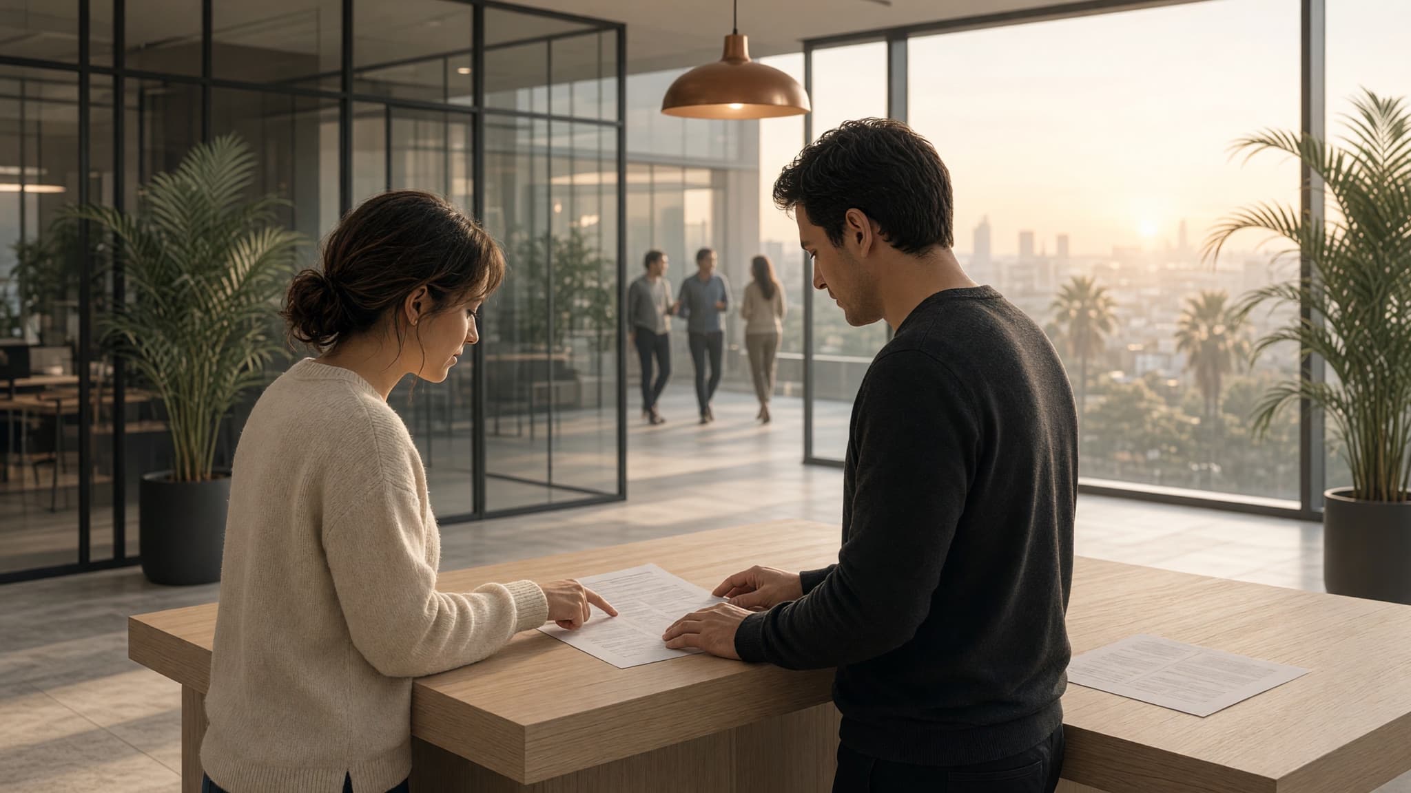 Two colleagues at a shared work island reading a one-page printed brief together before 8am, ai daily brief for business, Aceleron Intelligence