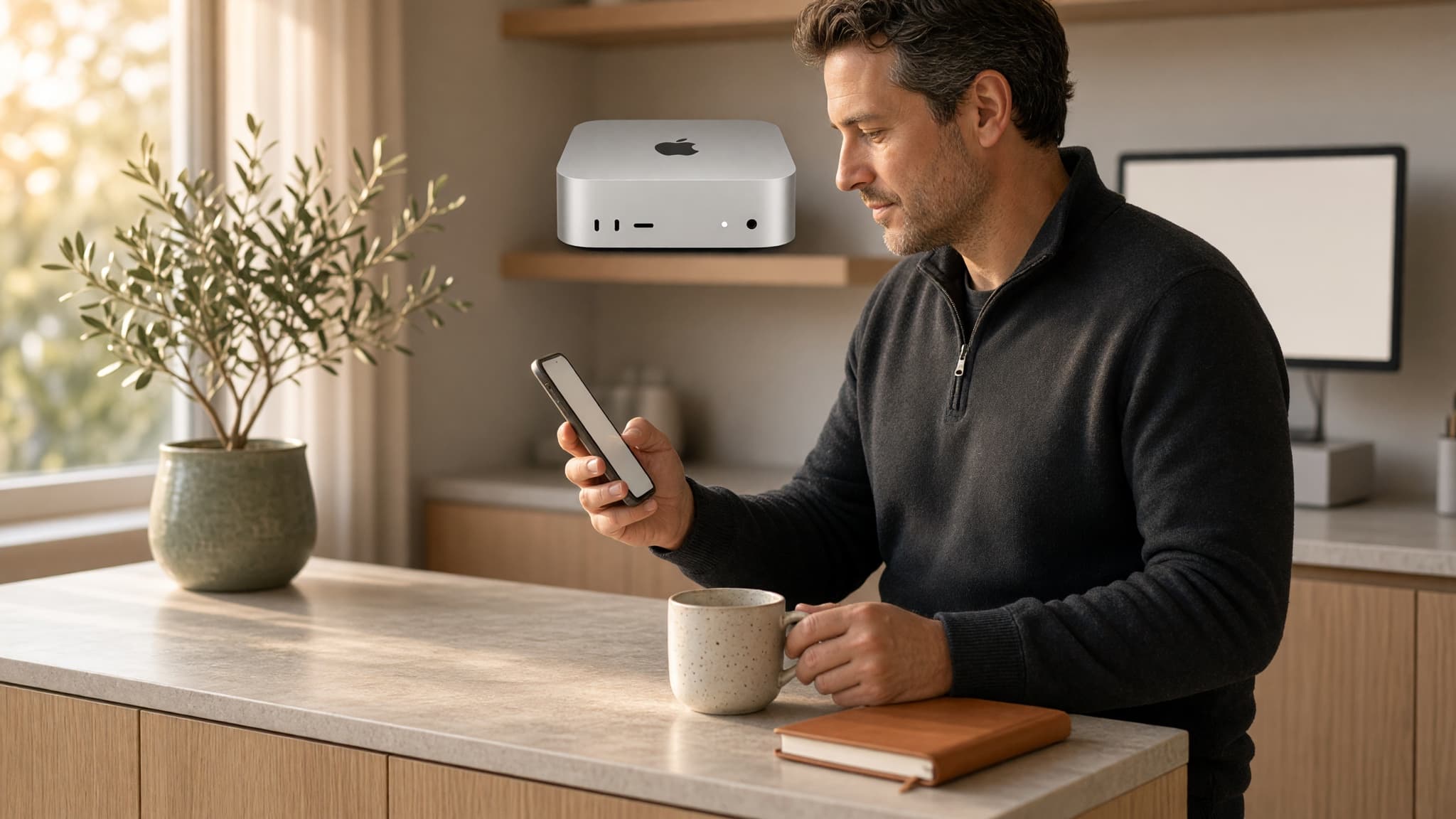 A service-business owner reading a short morning note on a phone at a kitchen counter beside a Mac mini on a shelf, ai daily brief for business, Aceleron Intelligence