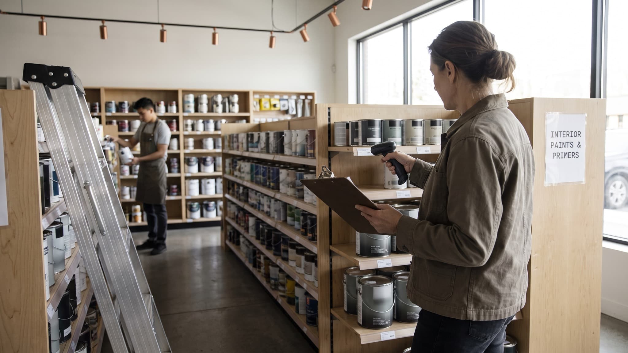 An owner of a small bakery working at the counter with an iPad on an inventory console, best automations for small business, Aceleron Intelligence